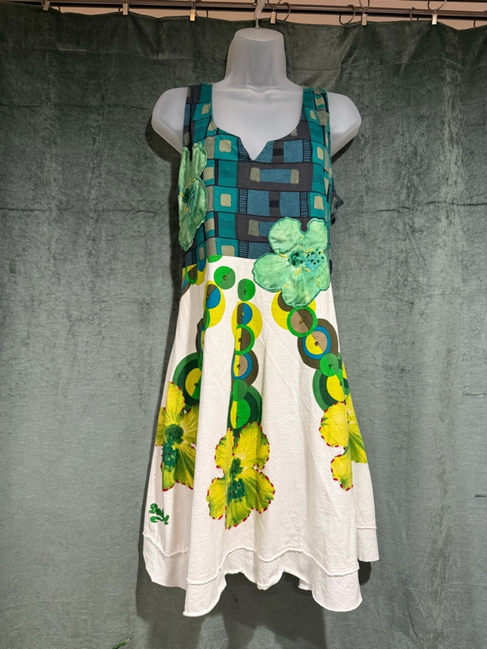 Desigual Green, Teal and White Floral Patchwork Sleeveless Mini Dress